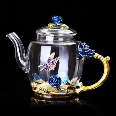 Ấm trà thủy tinh hoa 380ml với lá vàng viền Bộ ấm trà cổ điển hoa